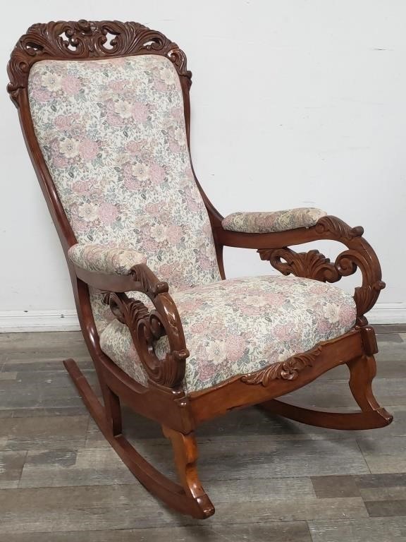 Vintage carved wood floral upholstered