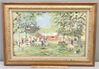 Folksy Oil Painting Heightened Farm Scene
