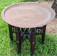 Vintage Moorish Brass Tray Table With Folding Base