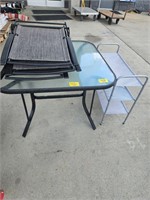 PATIO TABLE, (3) LAWN CHAIRS, SHOE RACK