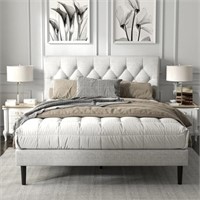 Queen Size Platform Bed Frame With Linen Upholster
