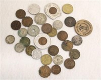 (30) FOREIGN COINS, WOODEN NICKEL & TOKENS