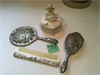 vintage hand mirror, brush, comb set, jewelry
