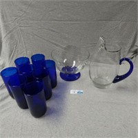 Cobalt Glass Tumblers, Pitcher, Bowl