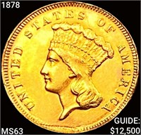 1878 $3 Gold Piece CHOICE BU