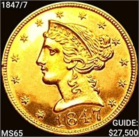 1847/7 $5 Gold Half Eagle GEM BU