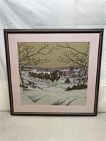 Linen Framed Picture of Horse and Wagon 32 x 30
