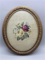 Vintage Textile Art in Gilt Gold Oval Frame