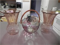 2 Vases,  Vintage Colored Glass Bowl with Handle