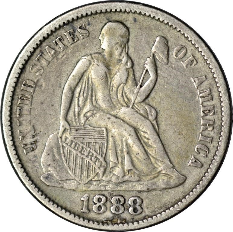1888 SEATED LIBERTY DIME - XF, CLEANED, REV
