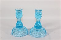 Fostoria Ocean Blue Glass Candlestick Holders (2)