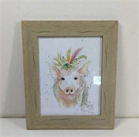 Decorative Water Color Pig Print in Wooden Frame