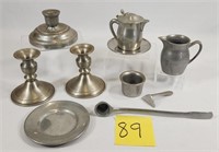 Pewter Candle Sticks & Small Pitchers