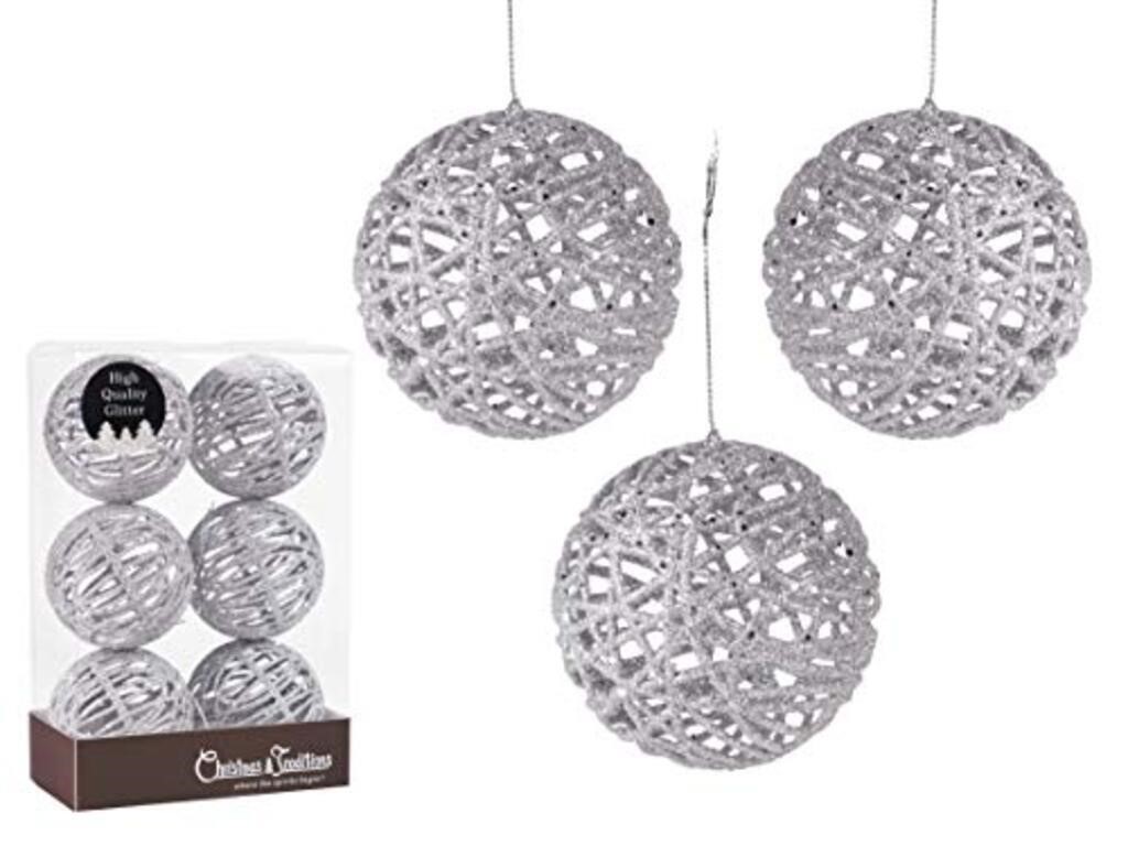 NEW 4" Silver Glittered Rattan Ball Ornaments-6Pcs