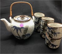 Antique Stoneware Tea Pot & 6 Matching Cups