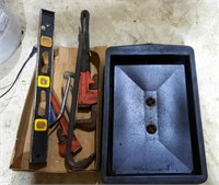 Oil Pan, Pipe Wrenches, Pliers, Level Wonder Bar