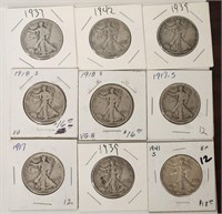 279 - LOT OF 9 US SILVER HALF DOLLARS (135)