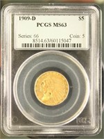 US Coins 1909-D Gold Half Eagle MS63 PCGS