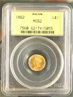 US Coins 1862 Gold Dollar MS62 PCGS
