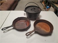 R- Lodge Cast Iron Dutch Oven And 2 Skillets