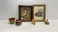(2) vintage pictures: (3) Hummel figurines, brass