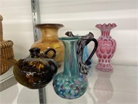 Turned Wood Vase with Art Glass Vases
