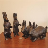 4 (2 pair) Cast Metal Bunnies Rabbits 7" 8" Cute