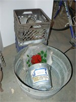 Round wash tub, galvanized pail, 2 milk crates