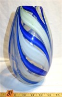 Cracker Barrel Blue/White Swirl Glass Large Vase