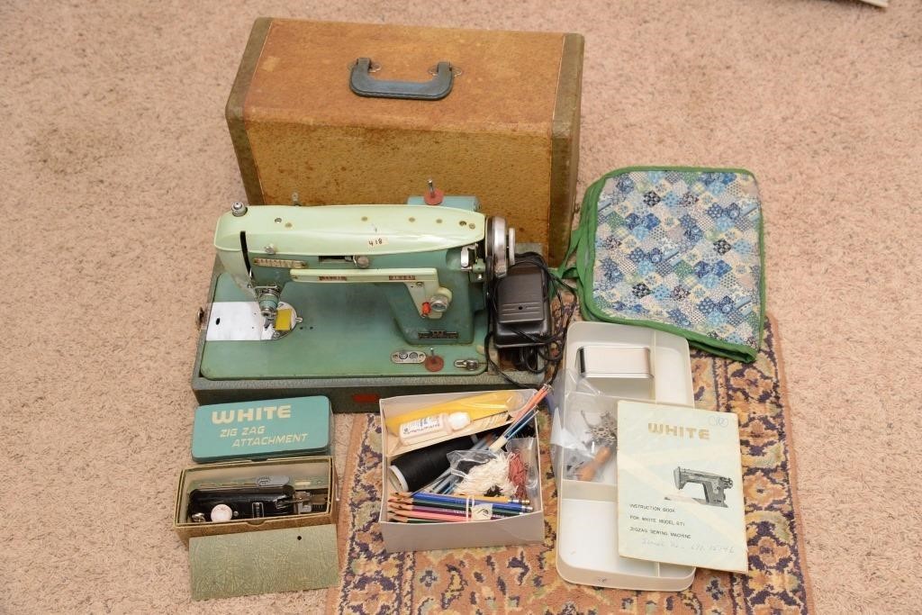 VINTAGE WHITE SEWING MACHINE WITH ATTACHMENTS