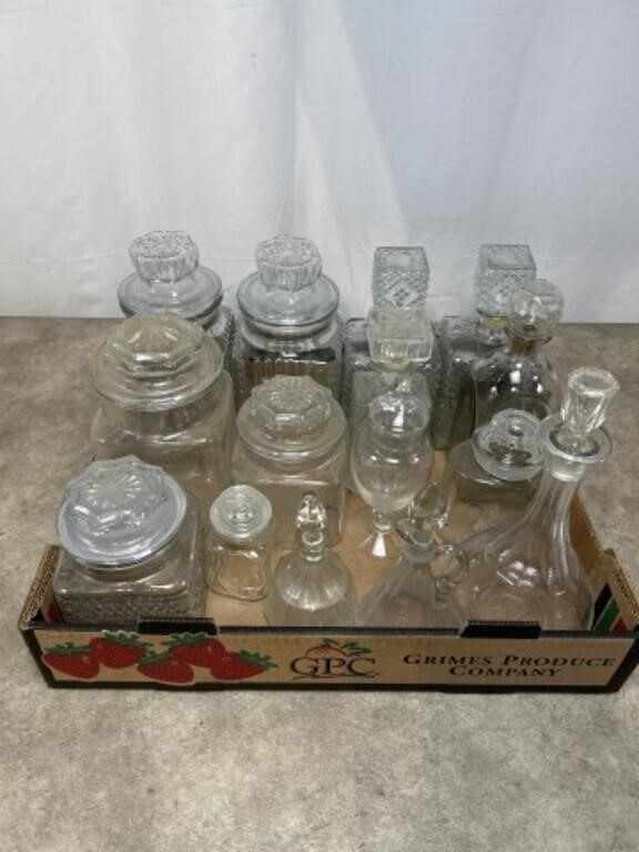 Glass storage jars, decanters, and cruets