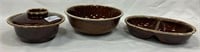 3 Hall Ware brown divided bowl, mixing bowl and