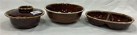 3 Hall Ware brown divided bowl, mixing bowl and