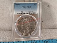 PCGS graded 1897 Morgan silver dollar coin AU58