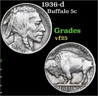 1936-d Buffalo Nickel 5c Grades vf+