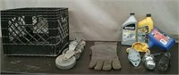 Crate-4 Castors, Pair Welding Gloves, Oil & L
