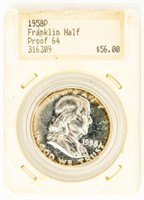 Coin 1958 Ben Franklin Half $-Tulving-Proof-PF65