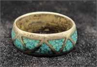 Silver & Crushed Turquoise Ring Sz 7