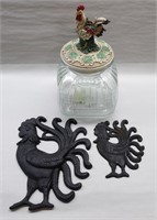 Cast Iron Roosters & Glass Canister