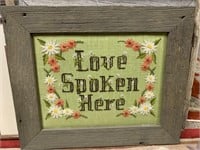 "Love Spoken Here" needlepoint, barnwood frame