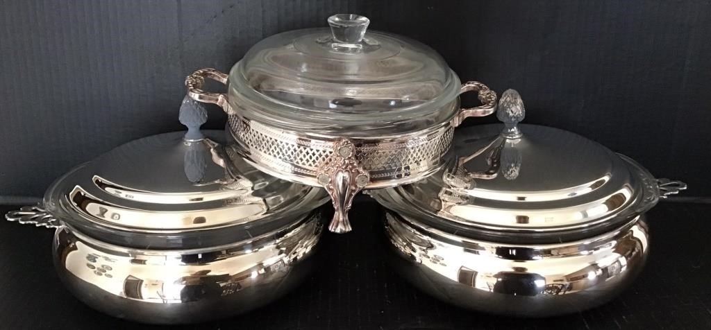 3 LIDDED GLASS SILVER PLATE SERVING DISHES