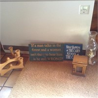 pair of wooden signs, candle holder, coasters
