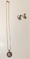 Rhinestone & Opal Necklace & Screwback Earring Set