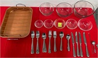 39 - ROASTING PAN,  FLATWARE & GLASS BOWLS (L18)