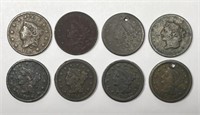Lot of 8 Large Cents 1834-1853