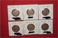 (6) Liberty V Nickels 1897 to 1912D Mix