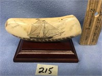 3 1/2" fossilized whale's tooth, scrimshawed with