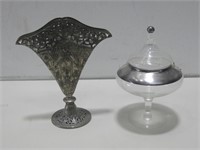 9.5" Vtg Silver Plated Vase & Vtg Glass Candy Dish