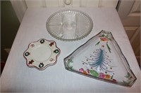 CHRISTMAS PLATE, GLASS PLATTER, AND CANDLE DISH