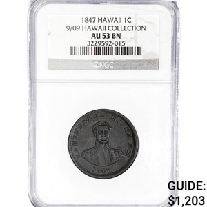 1847 Kingdom of Hawaii Cent NGC AU53 BN